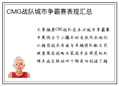CMG战队城市争霸赛表现汇总