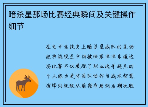 暗杀星那场比赛经典瞬间及关键操作细节